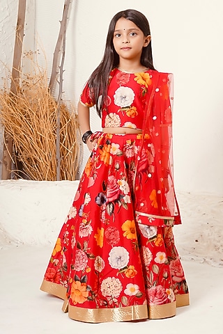 Red Handwoven Chanderi Floral Printed Lehenga Set For Girls by Mamma Plz