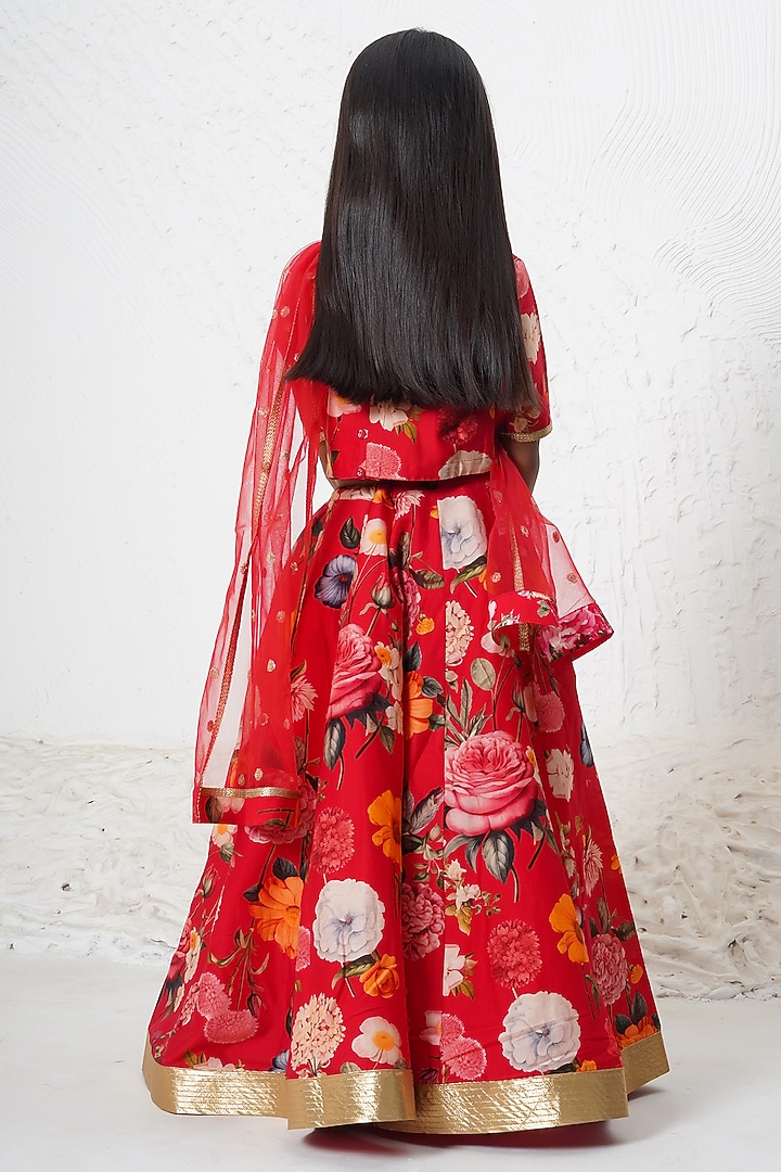Red Handwoven Chanderi Floral Printed Lehenga Set For Girls by Mamma Plz at Pernia's Pop Up Shop