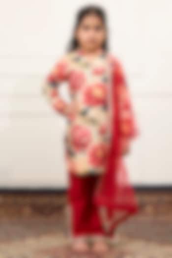 Multi-Colored Handwoven Chanderi Floral Digital Printed Kurta Set For Girls by Mamma Plz at Pernia's Pop Up Shop
