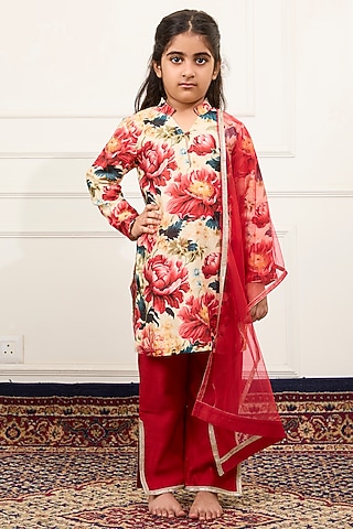 Multi-Colored Handwoven Chanderi Floral Digital Printed Kurta Set For Girls by Mamma Plz