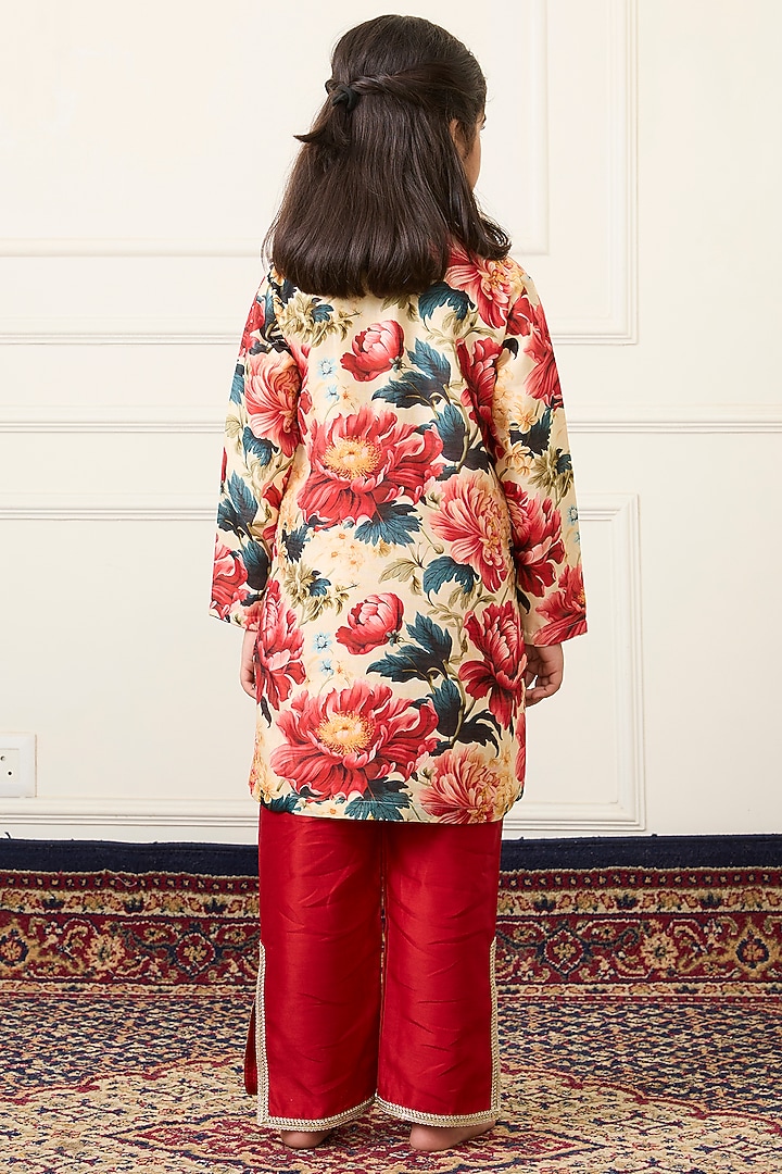 Multi-Colored Handwoven Chanderi Floral Digital Printed Kurta Set For Girls by Mamma Plz at Pernia's Pop Up Shop