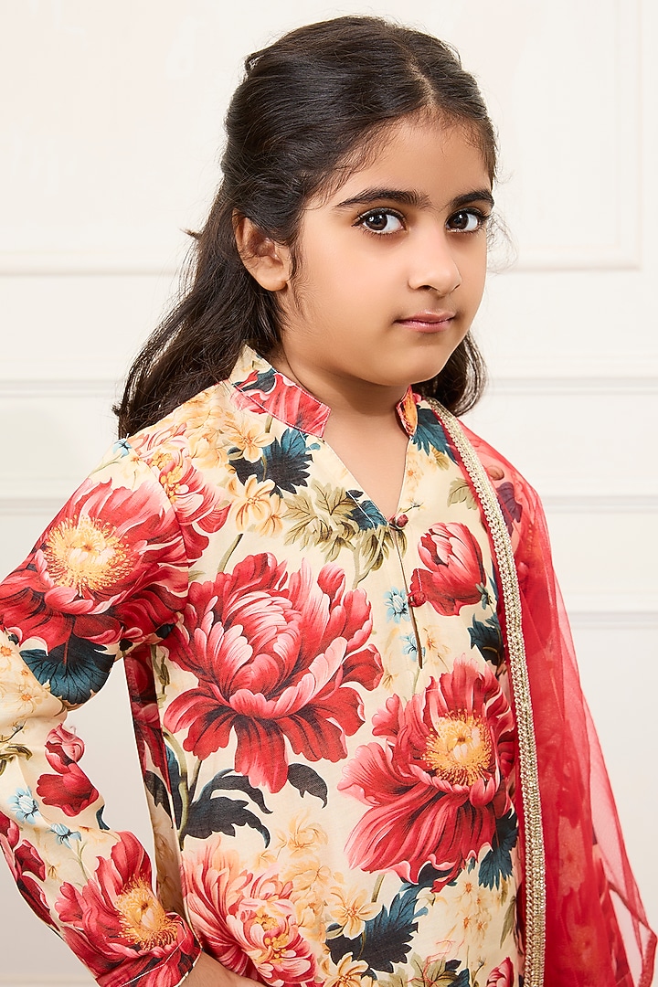 Multi-Colored Handwoven Chanderi Floral Digital Printed Kurta Set For Girls by Mamma Plz at Pernia's Pop Up Shop