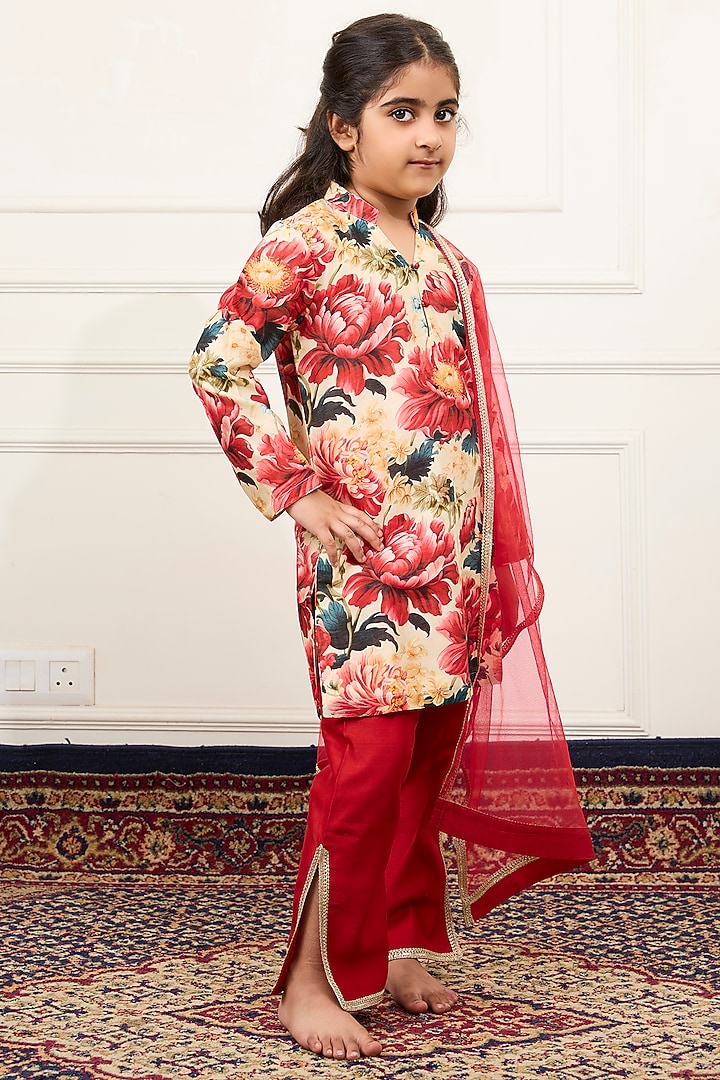 Multi-Colored Handwoven Chanderi Floral Digital Printed Kurta Set For Girls by Mamma Plz at Pernia's Pop Up Shop