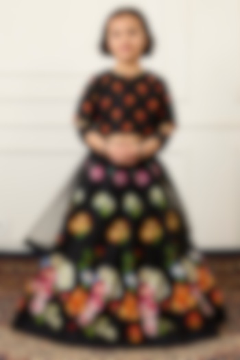 Black Handwoven Chanderi Floral Digital Printed Lehenga Set For Girls by Mamma Plz at Pernia's Pop Up Shop