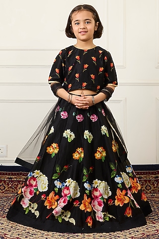 Black Handwoven Chanderi Floral Digital Printed Lehenga Set For Girls by Mamma Plz