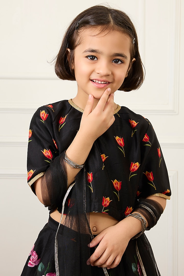 Black Handwoven Chanderi Floral Digital Printed Lehenga Set For Girls by Mamma Plz at Pernia's Pop Up Shop