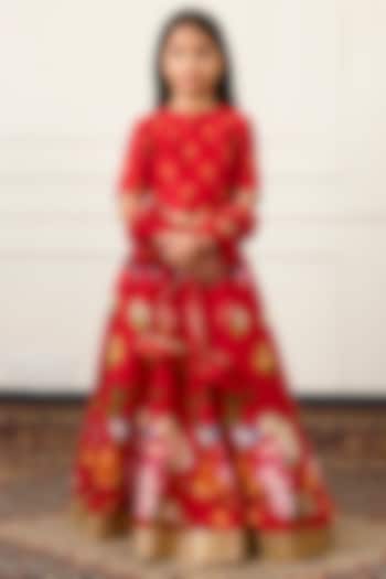 Red Handwoven Chanderi Floral Digital Printed Lehenga Set For Girls by Mamma Plz at Pernia's Pop Up Shop