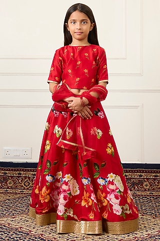 Red Handwoven Chanderi Floral Digital Printed Lehenga Set For Girls by Mamma Plz