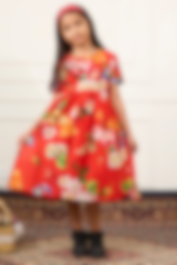 Red Handwoven Chanderi Floral Digital Printed Dress For Girls by Mamma Plz at Pernia's Pop Up Shop
