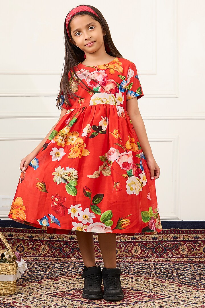 Red Handwoven Chanderi Floral Digital Printed Dress For Girls by Mamma Plz at Pernia's Pop Up Shop