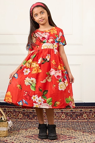 Red Handwoven Chanderi Floral Digital Printed Dress For Girls by Mamma Plz