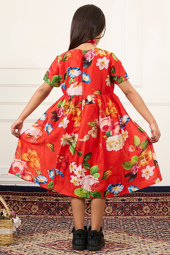 Red Handwoven Chanderi Floral Digital Printed Dress For Girls by Mamma Plz at Pernia's Pop Up Shop
