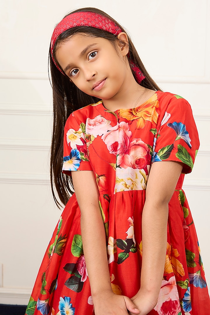 Red Handwoven Chanderi Floral Digital Printed Dress For Girls by Mamma Plz at Pernia's Pop Up Shop