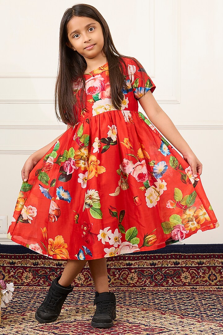 Red Handwoven Chanderi Floral Digital Printed Dress For Girls by Mamma Plz at Pernia's Pop Up Shop
