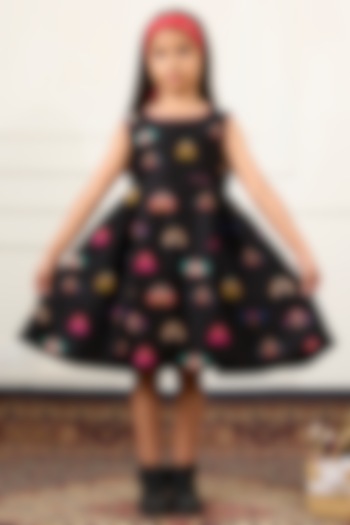 Black Handwoven Chanderi Floral Digital Printed Dress For Girls by Mamma Plz at Pernia's Pop Up Shop