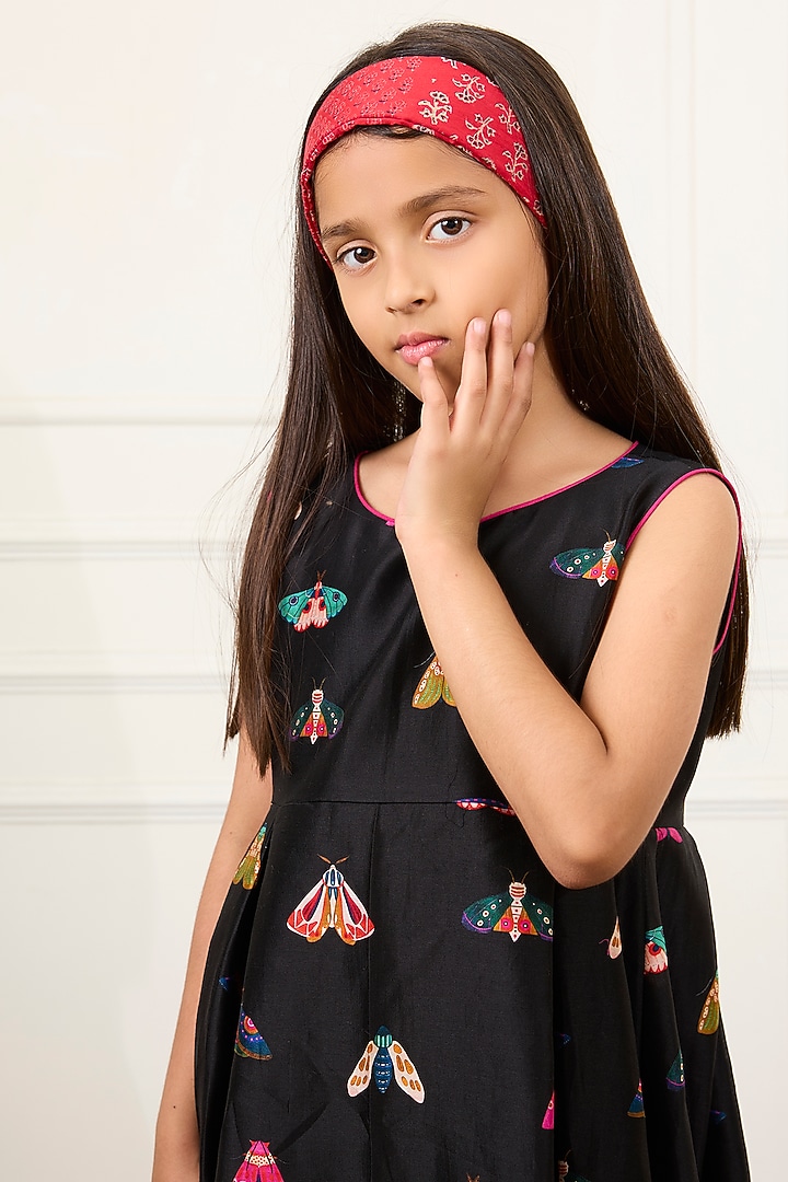 Black Handwoven Chanderi Floral Digital Printed Dress For Girls by Mamma Plz at Pernia's Pop Up Shop