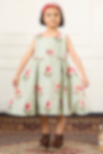 Green Handwoven Chanderi Floral Digital Printed Flared Dress For Girls by Mamma Plz at Pernia's Pop Up Shop
