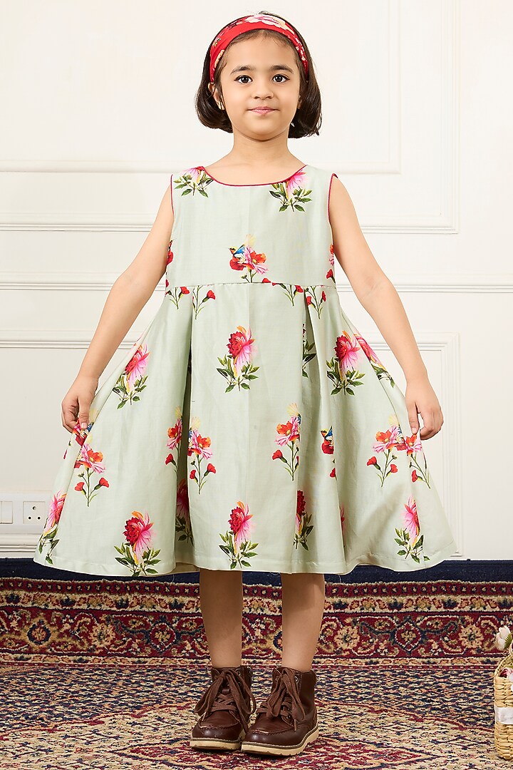 Green Handwoven Chanderi Floral Digital Printed Flared Dress For Girls by Mamma Plz at Pernia's Pop Up Shop