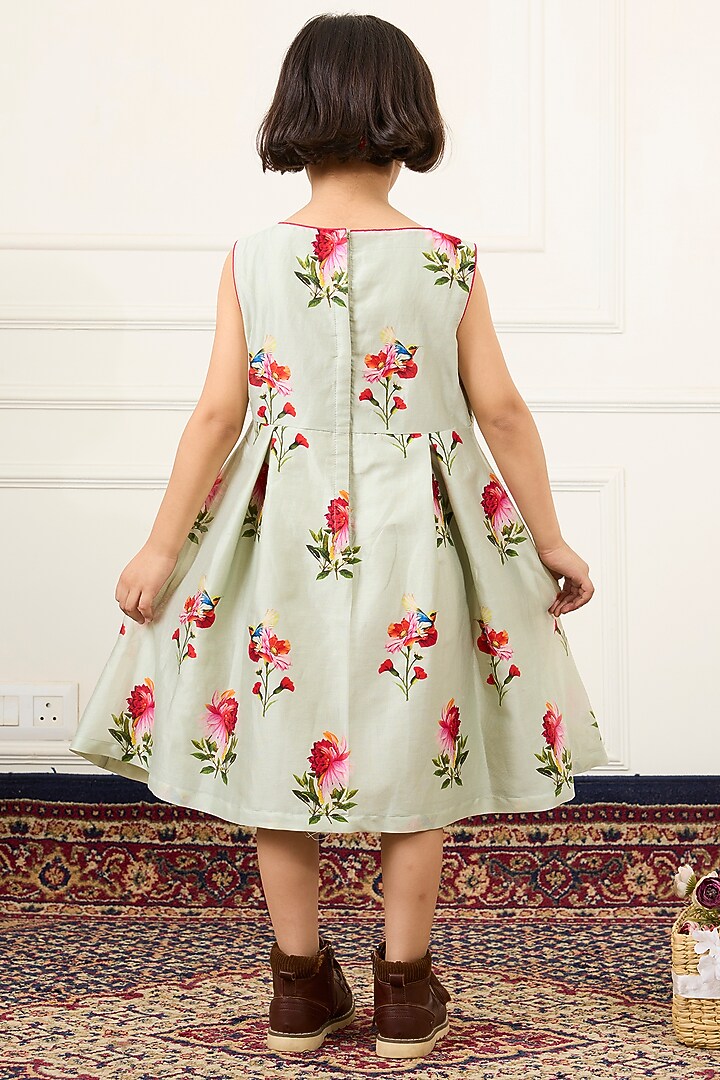 Green Handwoven Chanderi Floral Digital Printed Flared Dress For Girls by Mamma Plz at Pernia's Pop Up Shop