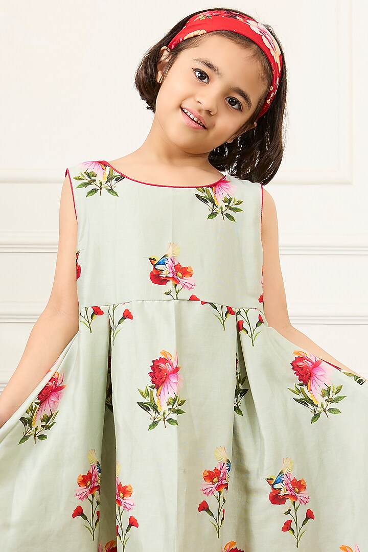 Green Handwoven Chanderi Floral Digital Printed Flared Dress For Girls by Mamma Plz at Pernia's Pop Up Shop
