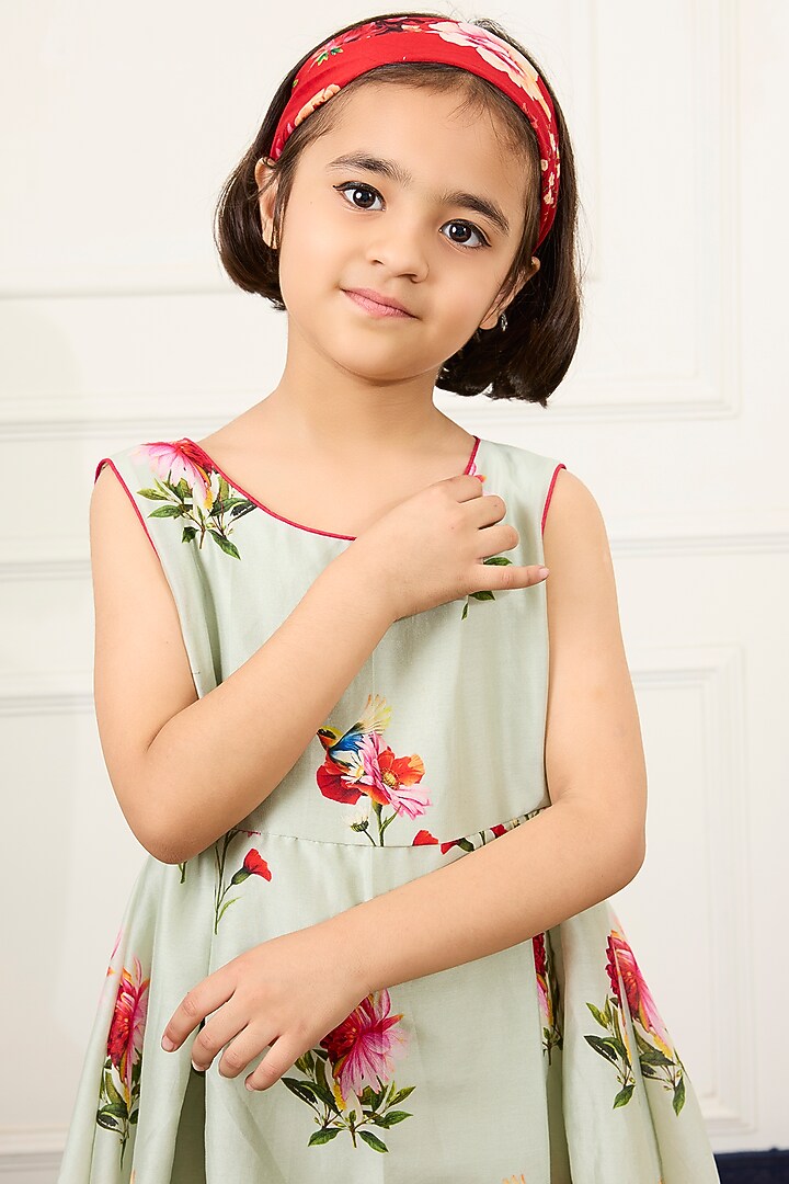 Green Handwoven Chanderi Floral Digital Printed Flared Dress For Girls by Mamma Plz at Pernia's Pop Up Shop