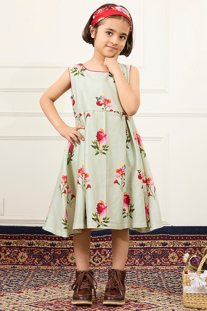 Green Handwoven Chanderi Floral Digital Printed Flared Dress For Girls by Mamma Plz at Pernia's Pop Up Shop