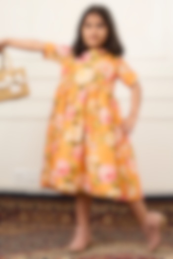 Yellow Handwoven Chanderi Floral Digital Printed Dress For Girls by Mamma Plz at Pernia's Pop Up Shop