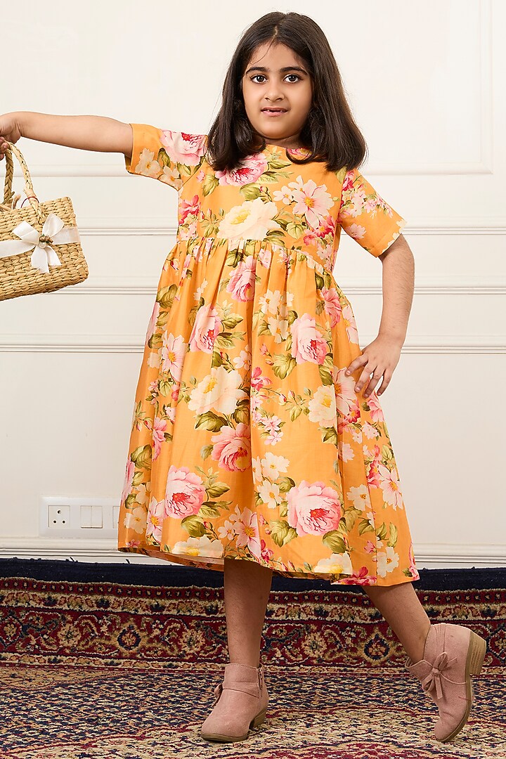Yellow Handwoven Chanderi Floral Digital Printed Dress For Girls by Mamma Plz at Pernia's Pop Up Shop