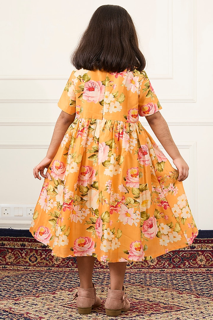 Yellow Handwoven Chanderi Floral Digital Printed Dress For Girls by Mamma Plz at Pernia's Pop Up Shop