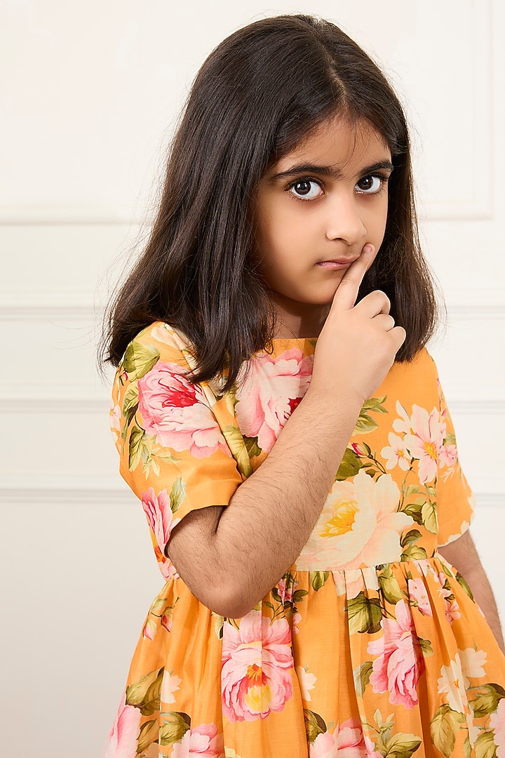 Yellow Handwoven Chanderi Floral Digital Printed Dress For Girls by Mamma Plz at Pernia's Pop Up Shop