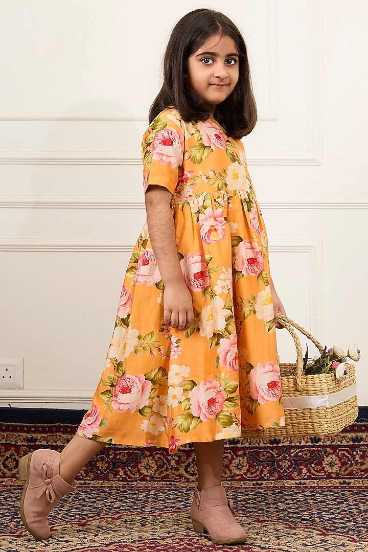 Yellow Handwoven Chanderi Floral Digital Printed Dress For Girls by Mamma Plz at Pernia's Pop Up Shop