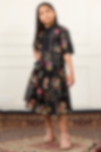 Black Handwoven Chanderi Floral Printed Co-Ord Set For Girls by Mamma Plz at Pernia's Pop Up Shop