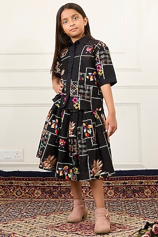 Black Handwoven Chanderi Floral Printed Co-Ord Set For Girls by Mamma Plz
