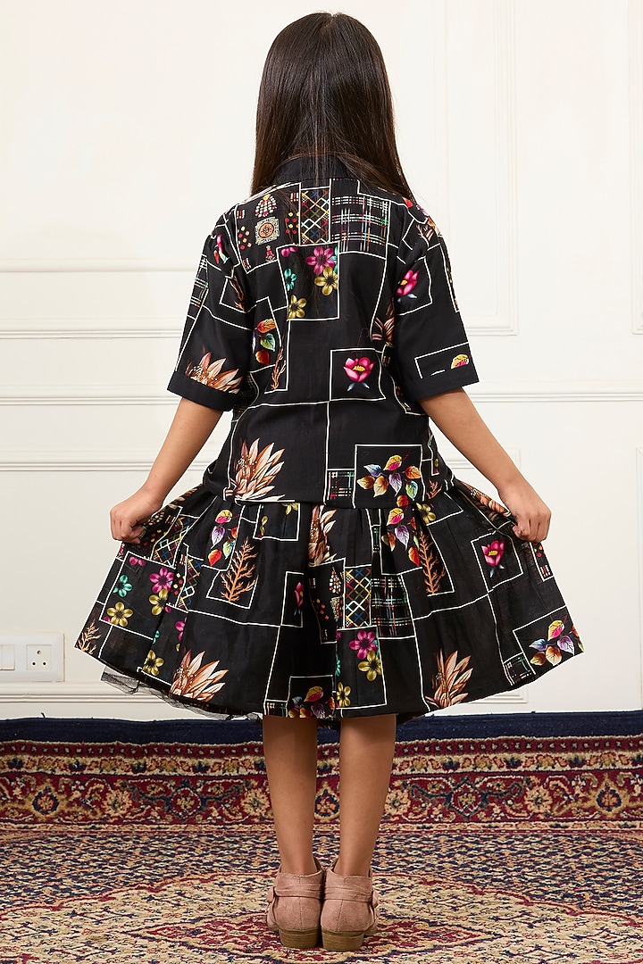 Black Handwoven Chanderi Floral Printed Co-Ord Set For Girls by Mamma Plz at Pernia's Pop Up Shop