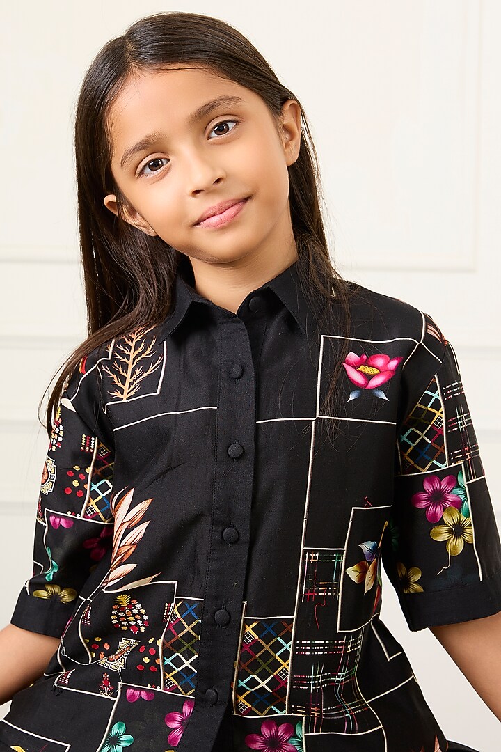 Black Handwoven Chanderi Floral Printed Co-Ord Set For Girls by Mamma Plz at Pernia's Pop Up Shop