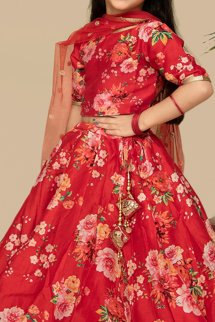 Crimson Red Handwoven Chanderi Printed Lehenga Set For Girls by Mamma Plz at Pernia's Pop Up Shop