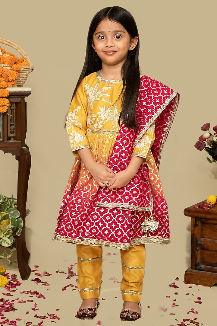 Pink & Mustard Chanderi Butti Embroidered Anarkali Set For Girls by Mamma Plz