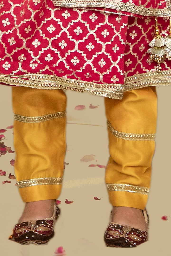 Pink & Mustard Chanderi Butti Embroidered Anarkali Set For Girls by Mamma Plz at Pernia's Pop Up Shop