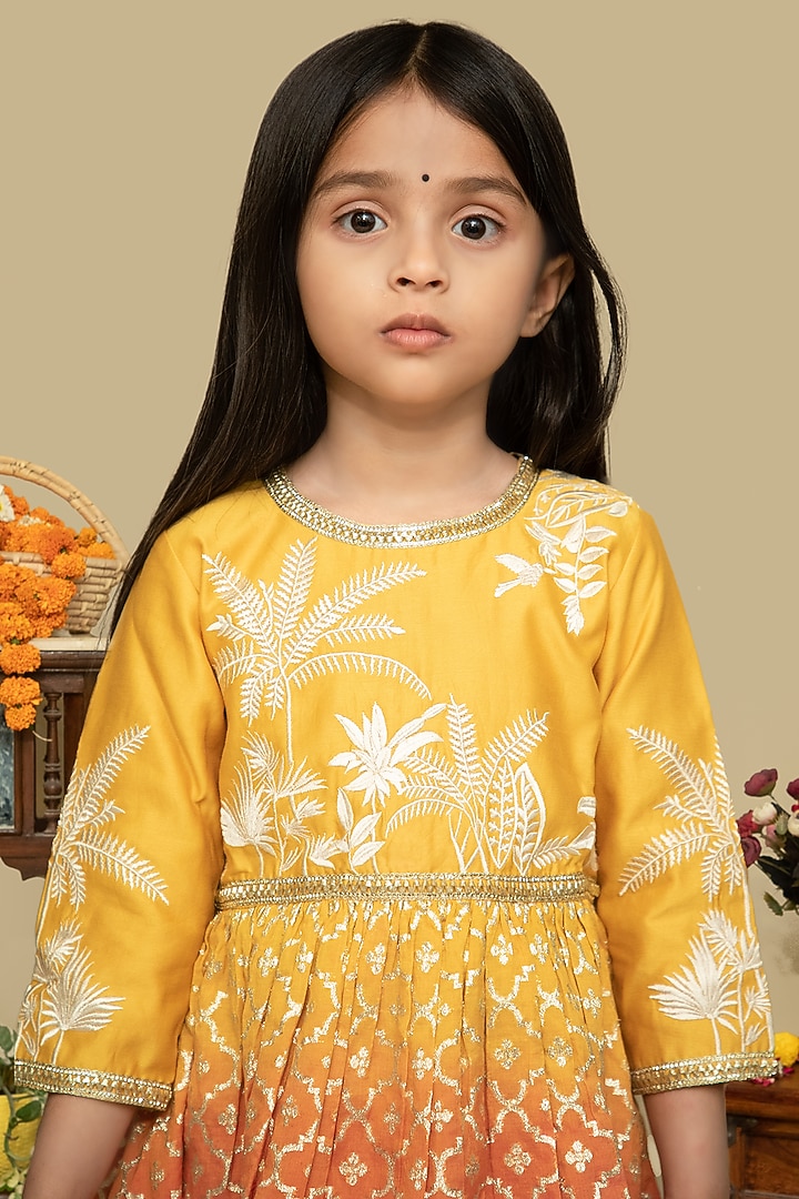 Pink & Mustard Chanderi Butti Embroidered Anarkali Set For Girls by Mamma Plz at Pernia's Pop Up Shop