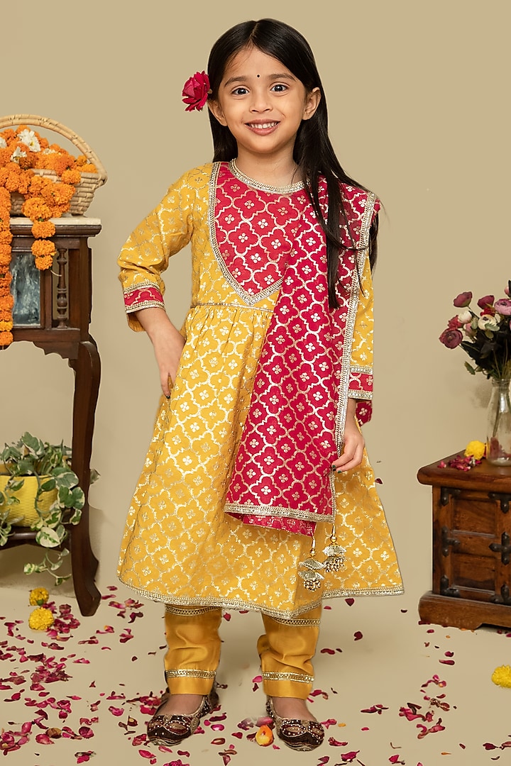 Fuchsia & Mustard Chanderi Butti Embroidered Anarkali Set For Girls by Mamma Plz