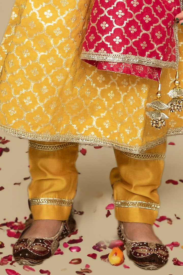 Fuchsia & Mustard Chanderi Butti Embroidered Anarkali Set For Girls by Mamma Plz at Pernia's Pop Up Shop