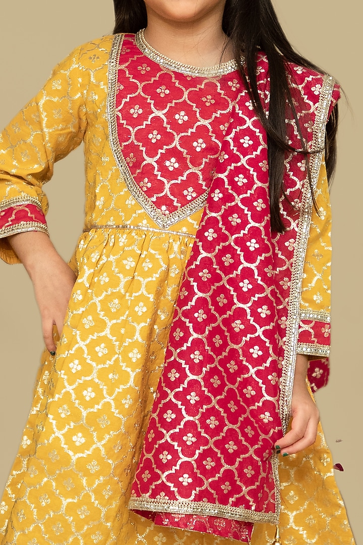 Fuchsia & Mustard Chanderi Butti Embroidered Anarkali Set For Girls by Mamma Plz at Pernia's Pop Up Shop