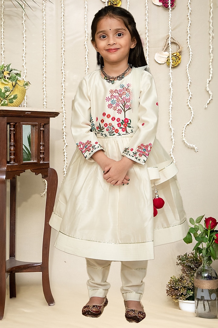 Ivory Handwoven Chanderi Embroidered Anarkali Set For Girls by Mamma Plz