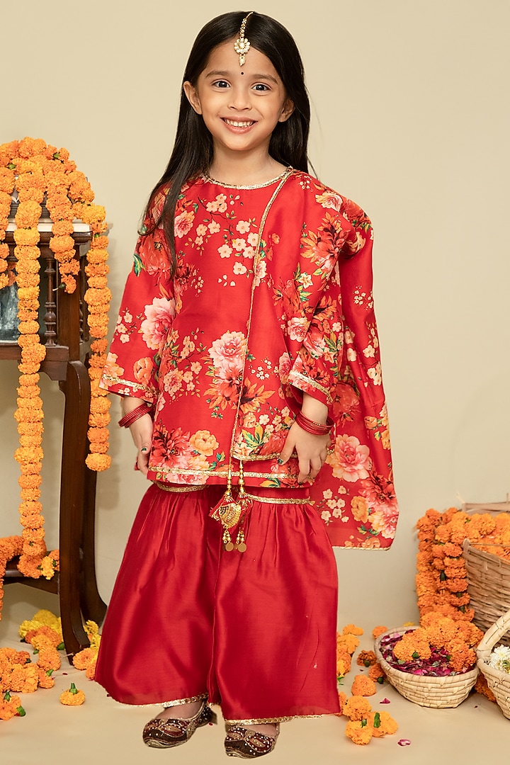 Crimson Red Handwoven Chanderi Sharara Set For Girls by Mamma Plz