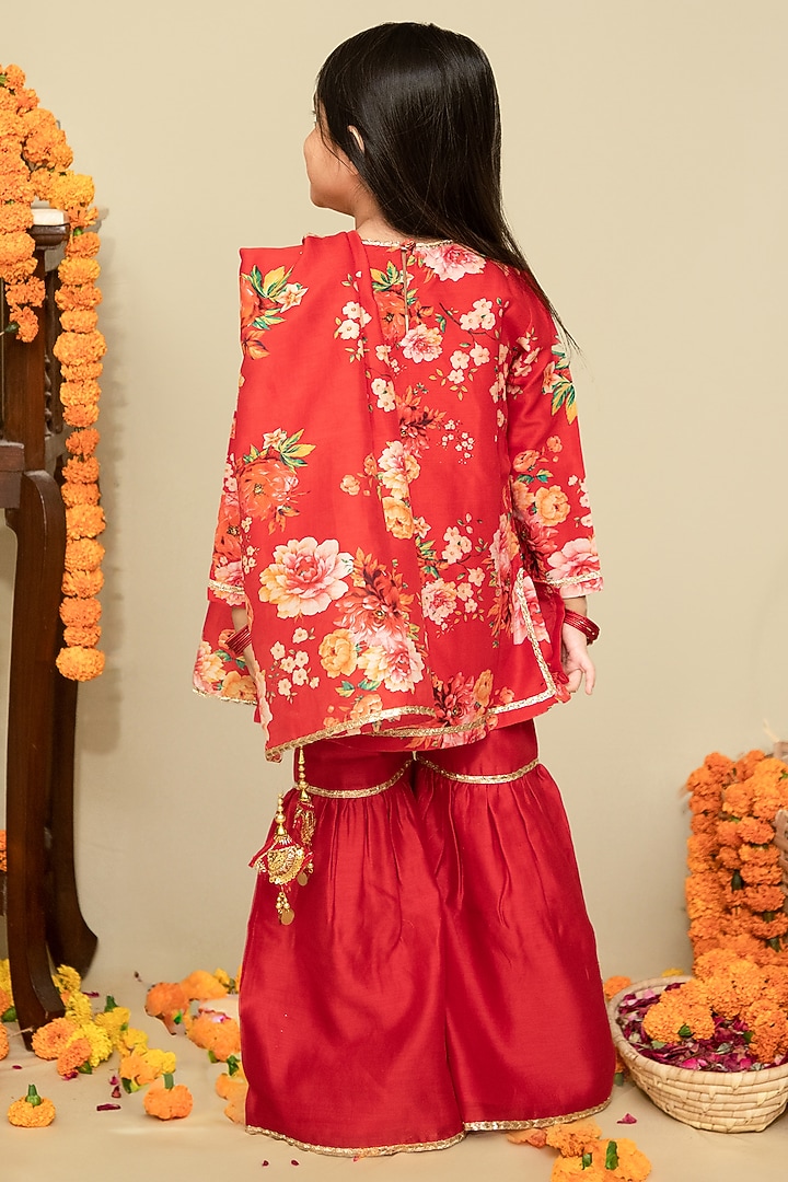 Crimson Red Handwoven Chanderi Sharara Set For Girls by Mamma Plz at Pernia's Pop Up Shop