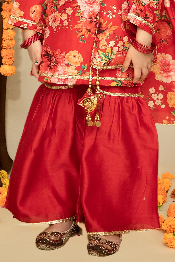 Crimson Red Handwoven Chanderi Sharara Set For Girls by Mamma Plz at Pernia's Pop Up Shop