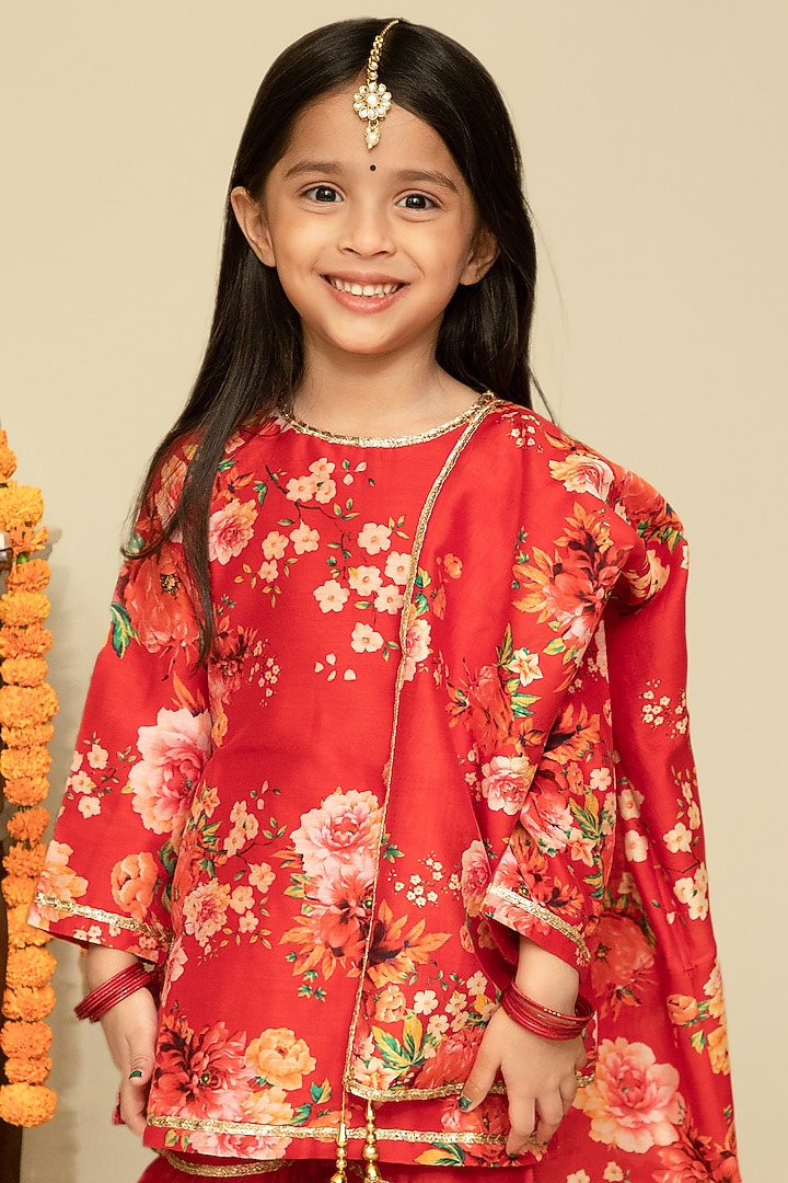 Crimson Red Handwoven Chanderi Sharara Set For Girls by Mamma Plz at Pernia's Pop Up Shop