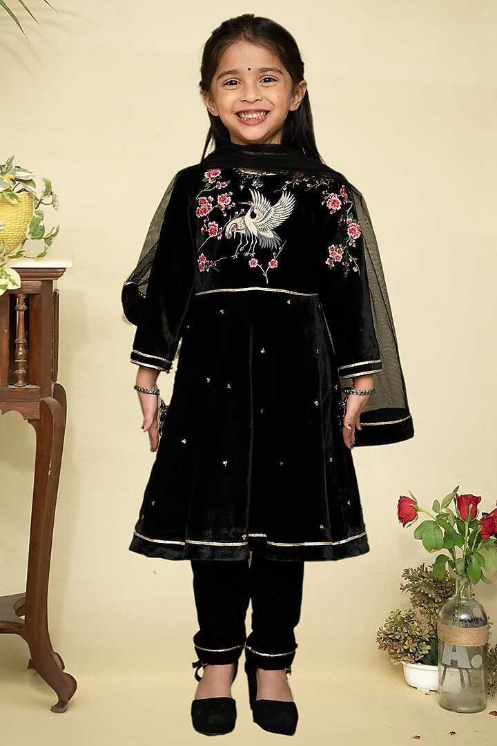 Black Velvet Embroidered Anarkali Set For Girls by Mamma Plz