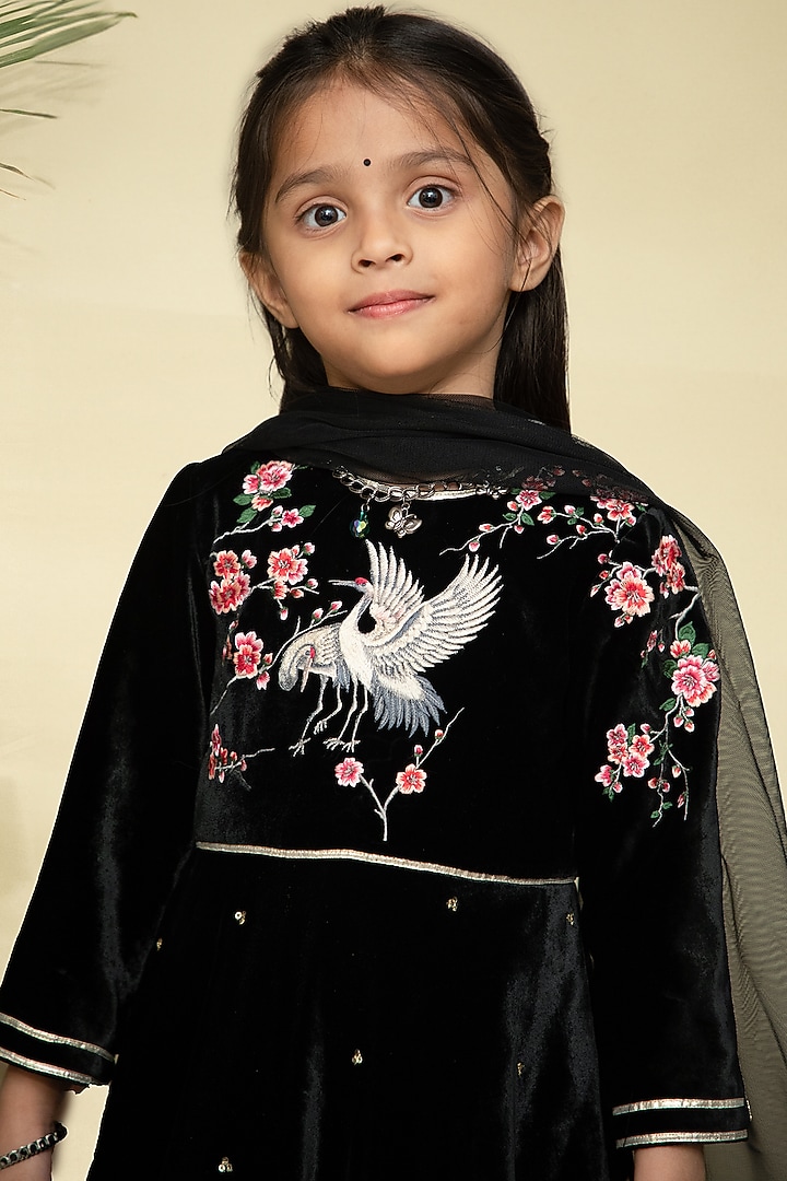 Black Velvet Embroidered Anarkali Set For Girls  by Mamma Plz at Pernia's Pop Up Shop