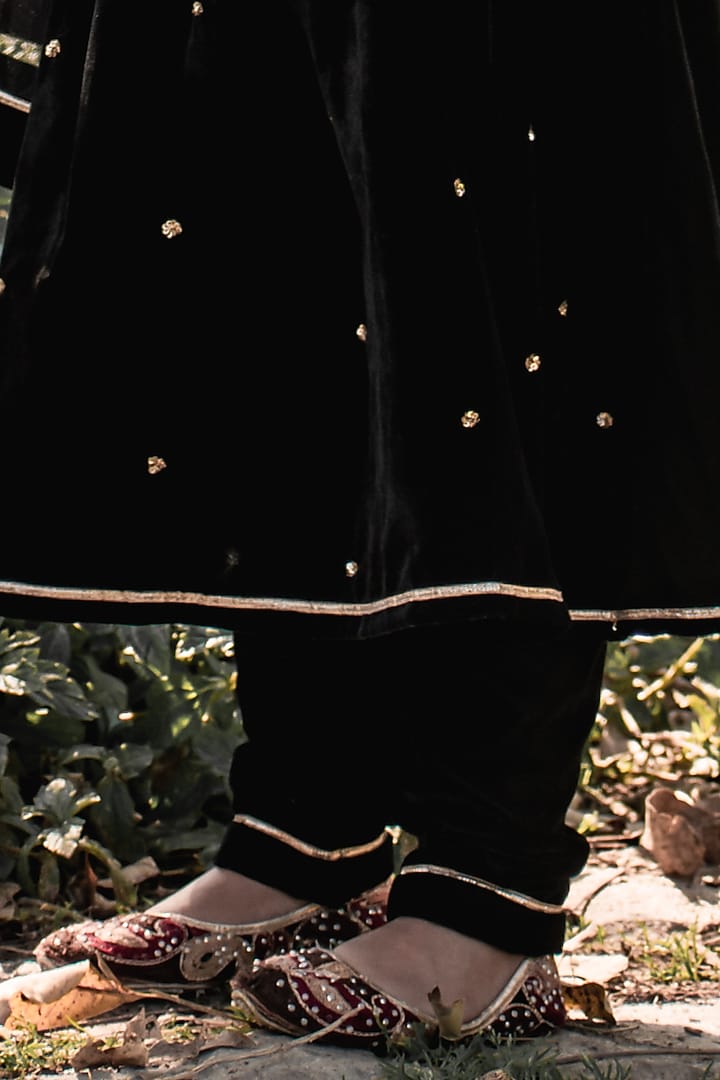 Black Velvet Machine Embroidered Anarkali Set For Girls by Mamma Plz at Pernia's Pop Up Shop